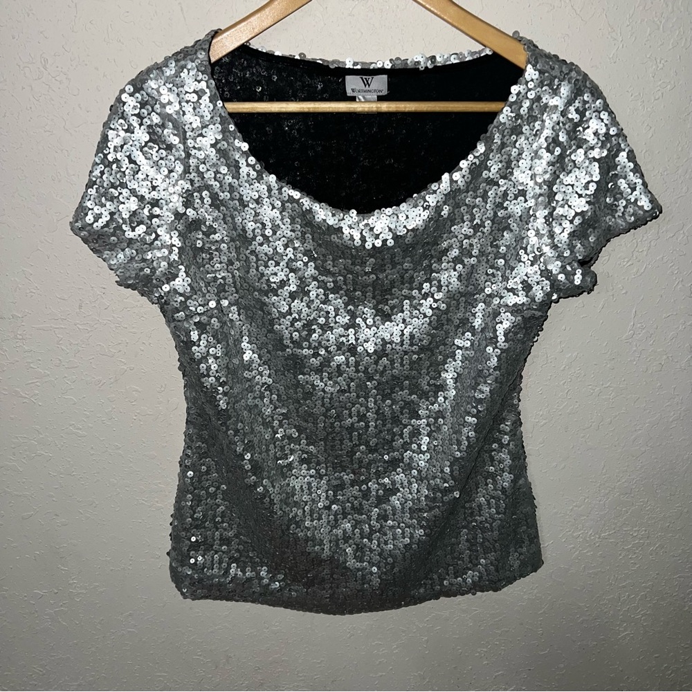 Worthington silver sequin Scoop Neck Blouse Size Small.